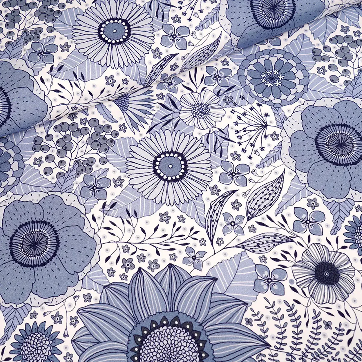 Økologisk bomulljersey, sommerblomster blågrå